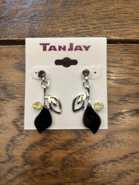 TanJay Black and Silver Leaf Drop Earrings with Yellow Accent